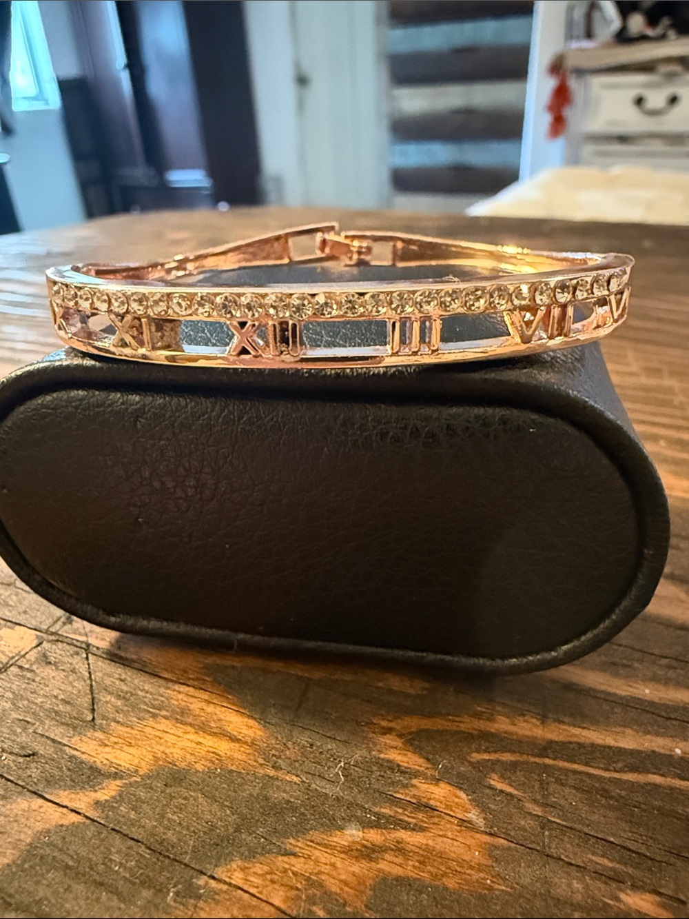 Gold Plated Rose Gold Roman Numeral Crystal Bangle Bracelet